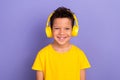 Photo portrait of nice young pupil boy headphones listen music toothy smile wear yellow garment isolated on purple color Royalty Free Stock Photo