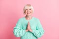 Photo portrait of old lady keeping hands together smiling begging asking praying isolated on pastel pink color Royalty Free Stock Photo