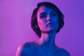 Photo portrait pretty girl calm confident wearing bob hairstyle isolated neon violet color background