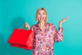 Photo portrait of pretty young girl excited scream enjoy shopping dressed stylish pink print outfit isolated on Royalty Free Stock Photo