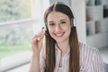 Photo portrait of pretty young girl work call center hotline dressed stylish smart casual outfit interior modern