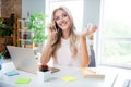 Photo portrait of pretty young girl working talk phone freelancer comfortable workplace stylish interior home office