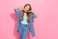 Photo portrait of pretty young teen girl hands frame face skincare dressed stylish denim outfit isolated on pink color Royalty Free Stock Photo