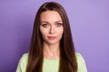 Photo portrait of sly girl isolated on vivid purple colored background Royalty Free Stock Photo