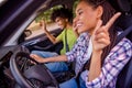 Photo portrait smiling couple spending time together travelling by car listening to music laughing