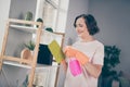 Photo portrait smiling happy grandmother polishing dust with chemicals