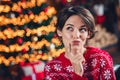 Photo portrait of thoughtful cute nice dreaming lady touch chin hmm choosing best idea surprise christmas isolated on
