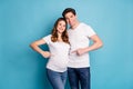 Photo portrait of two people husband pregnant woman pointing at tummy belly waiting birth isolated on vivid blue color Royalty Free Stock Photo