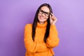 Photo portrait vacancy candidat intelligent experienced project manager seo woman wear glasses orange shirt isolated on Royalty Free Stock Photo