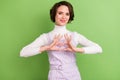 Photo portrait woman happy cute showing heart shaped sign fingers isolated pastel green color background Royalty Free Stock Photo