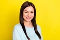 Photo portrait woman smiling happy positive in blue sweater isolated bright yellow color background Royalty Free Stock Photo