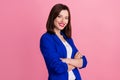 Photo portrait of young funny smiling folded arms business woman wear blue jacket entrepreneur enjoy her work Royalty Free Stock Photo