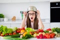 Photo portrait young woman wearing glasses dont want cook meal pan on head Royalty Free Stock Photo