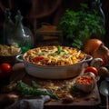 Pasta casserole with meat and vegetables on the table close-up