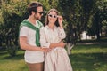 Photo portriat young couple smiling in summer walking outside in sunglass embracing each other