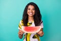 Photo of positive afro american girl hold watermelon tasty slice wear pink t-shirt isolated on teal color background