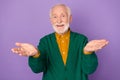 Photo of positive aged man raise hands to you applaud inviting beaming smile isolated on violet color background