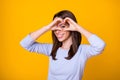 Photo of positive cheerful girl make fingers heart enjoy passionate love look eye face wear purple shirt isolated over