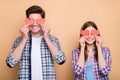 Photo of positive cute red redhair nice casual charming couple of two people holding valentine post cards with hands