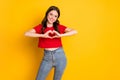 Photo of positive girl make fingers heart show passionate love sign isolated over bright shine color background