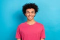 Photo of positive nice man wear pink outfit trendy clothes isolated on blue color background