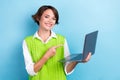 Photo of positive programmer python coder developer direct finger her new website advertisement formal uniform isolated