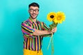 Photo of positive young person toothy smile hands hold bunch sunflowers give empty space isolated on cyan color