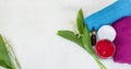 Photo poster with items of gentle body care: an open jar with raspberry-colored cream, spray, two rolled colored towels and lilies