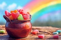 A photo of a pot brimming with an assortment of colorful candies, placed on top of a sturdy wooden table, A pot full of heart- Royalty Free Stock Photo