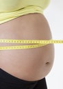 Midsection of pregnant woman measuring stomach with tape against white background Royalty Free Stock Photo