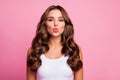 Photo of pretty attractive curly lady sending air kisses boyfriend handsome guy tempting perfect allure lips wear white Royalty Free Stock Photo