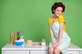 Photo of pretty attractive young lady sitting table improvisation kitchen curlers on hair charming housewife wear pinup Royalty Free Stock Photo