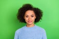 Photo of pretty beautiful adorable woman with perming hairstyle dressed blue pullover smiling on camera isolated on