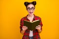 Photo of pretty crazy lady two buns hold open book read interesting story novel open mouth intrigue wear geek vision Royalty Free Stock Photo