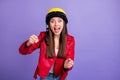 Photo of pretty excited cool lady driver holding imaginary steering wheel wear stylish yellow protective helmet leather