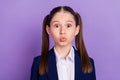 Photo of pretty flirty schoolgirl dressed blue uniform lips pouted sending you kiss isolated violet color background