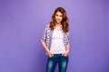 Photo of pretty foxy lady with amazing wavy hairstyle wear checkered casual shirt and blue jeans isolated purple color