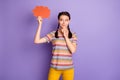 Photo of pretty lady holding big red mind cloud reading banner creative text think over answer wear casual striped t