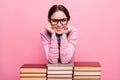 Photo of pretty librarian lady leaning hands head face books piles library worker fond of reading love her job work wear Royalty Free Stock Photo