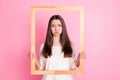Photo of pretty offended young lady wear white shirt bloated cheeks holding brown portrait frame pink color