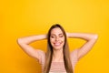 Photo of pretty positive lady resting first summer weekend lying beach eyes closed dreamy mood hands behind head wear Royalty Free Stock Photo