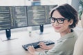 Photo of pretty positive lady sitting chair typing keyboard look camera good mood office workplace