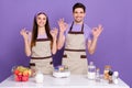 Photo of pretty sweet boyfriend girlfriend dressed chef showing okey signs isolated purple color background Royalty Free Stock Photo