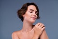 Photo of pretty tender lady touch have shower using balm gel dor silky soft skin over grey background