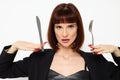 photo pretty woman knife and fork in hands emotions posing background