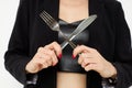 photo pretty woman knife and fork in hands emotions posing isolated background Royalty Free Stock Photo