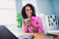 Photo of pretty young girl work drink coffee work netbook entrepreneur wear trendy pink outfit modern interior indoors Royalty Free Stock Photo