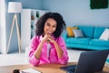 Photo of pretty young girl work netbook entrepreneur businesswoman wear trendy pink outfit modern interior indoors Royalty Free Stock Photo