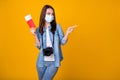 Photo of pretty young lady photographer travel agent airport quarantine tickets direct finger empty space offer low cost Royalty Free Stock Photo