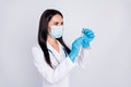 Photo of professional doc lady ready for operation young surgeon hold anesthesia syringe wear mask gloves stethoscope